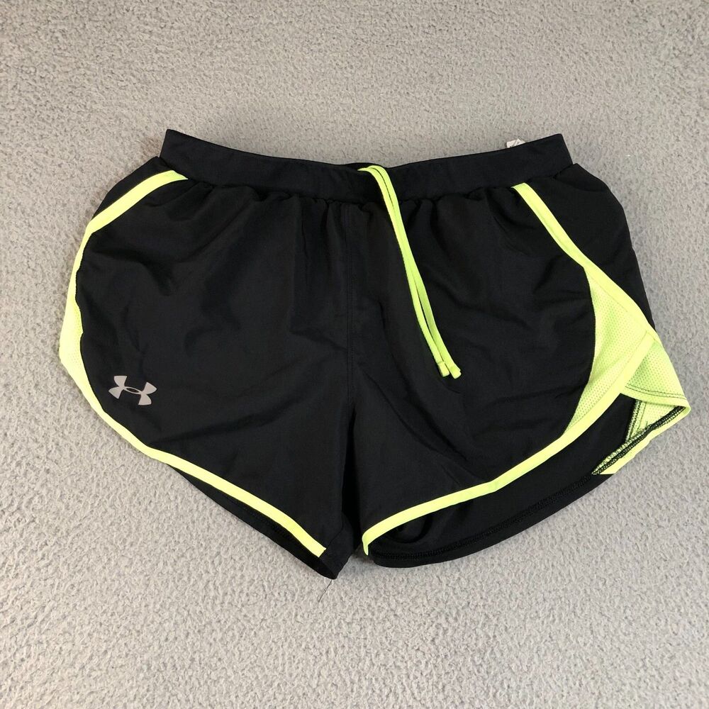 Under Armour Shorts Women Medium Black Neon Yellow Workout Running Lined Logo